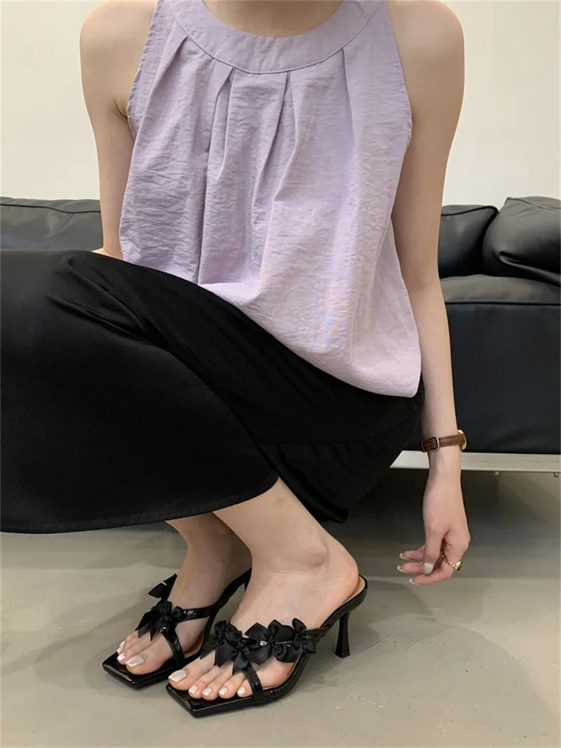 Designer Yellow Silk Flowers Narrow Band Square Toe Mules Low Thin Heels Slippers Gladiator Sandals Summer Shoes