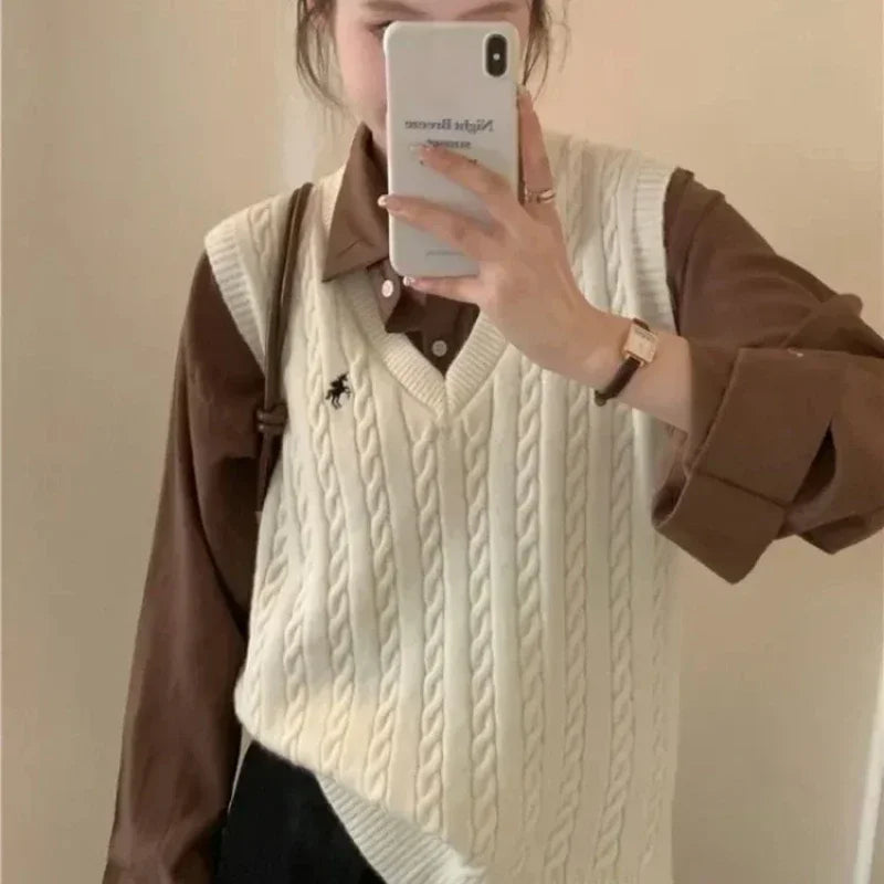 Sweater Cardigan Sleeveless Top Sweater Knitted Vest Commuter Style Clothes Preppy Look Autumn Winter Woolly