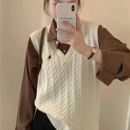 Sweater Cardigan Sleeveless Top Sweater Knitted Vest Commuter Style Clothes Preppy Look Autumn Winter Woolly