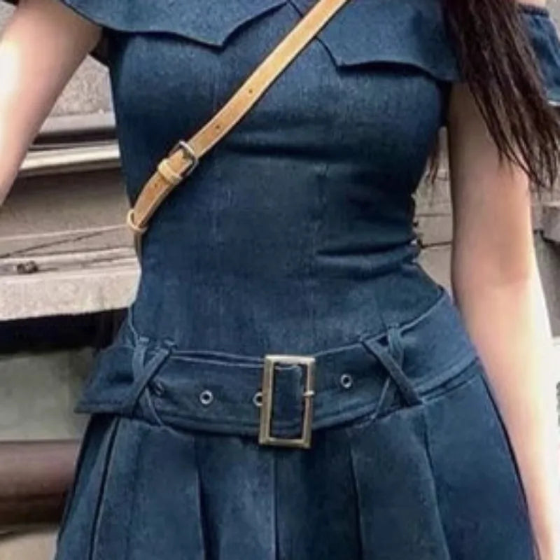 Denim Mini Dresses Ruffles Slash Neck Spring Summer Y2k Vestidos Mujer Korean Dress