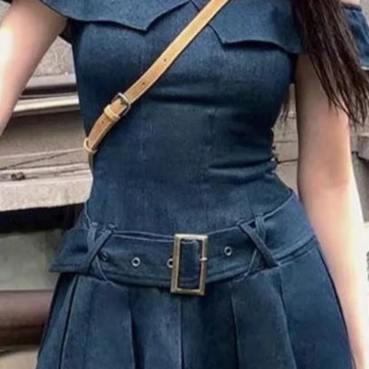 Denim Mini Dresses Ruffles Slash Neck Spring Summer Y2k Vestidos Mujer Korean Dress