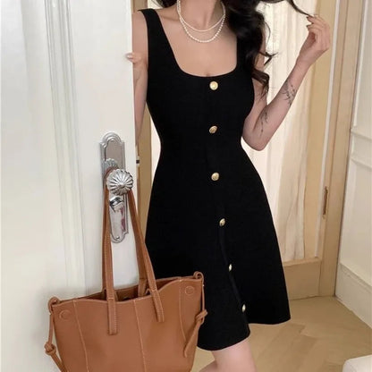 Knitted Aline Dresses Buttons Sleeveless Spring Summer Mini Dress Korean Sweet Vestidos Mujer