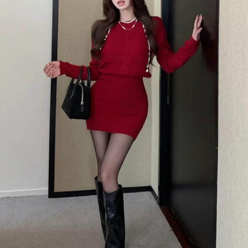Korean Slim Thread Knitted Longsleeved Dress Winter New Oneck Color Mini Dress