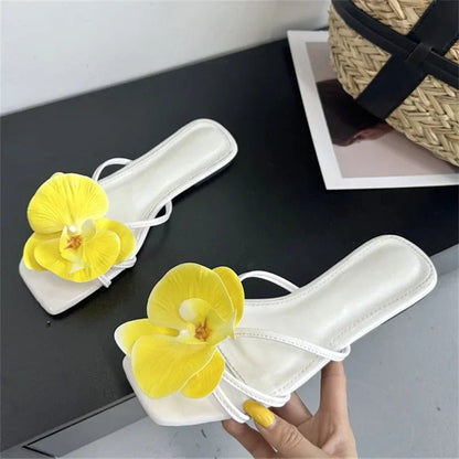 Summer Flower Narrown Band Low Heels Slippers Square Toe Beach Shoes Size 3543
