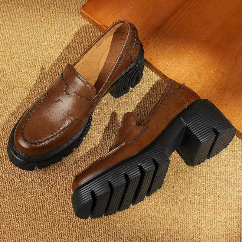 Genuine Leather Chunky Heel Platform Spring New Moccasins Round Toe Soft Comfortbale Loafers Shoes Hot