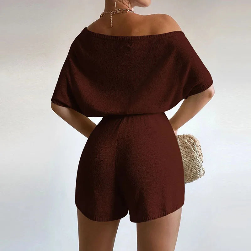 New Spring Tieup Shorts Jumpsuit Off Shoulder Slim Knitted Romper Playsuit Summer Short Sleeve Hollow Overalls