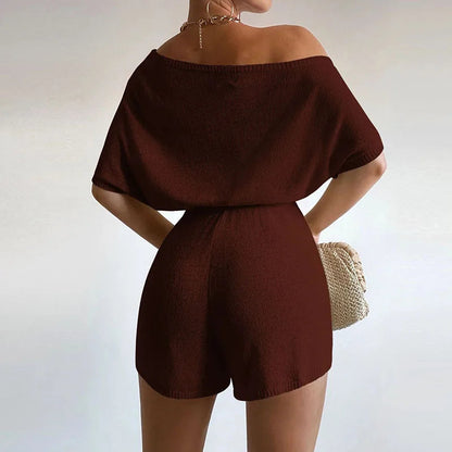 New Spring Tieup Shorts Jumpsuit Off Shoulder Slim Knitted Romper Playsuit Summer Short Sleeve Hollow Overalls
