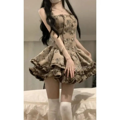 French Printed Waist Cinching Puffy Strap Camisole Dress Ruffle Plush Patchwork Short Coat Two Piece Sets Outfits