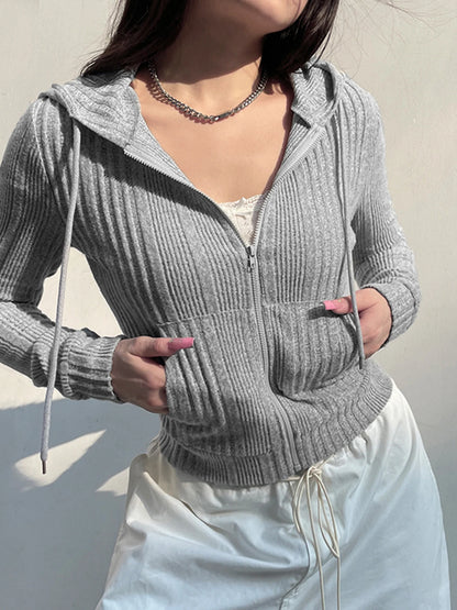 Gray Zip Up Knitted Hooded Jackets Pockets Details Simple Basic Minimalist Slim Long Sleeve Hoodies Knitwear