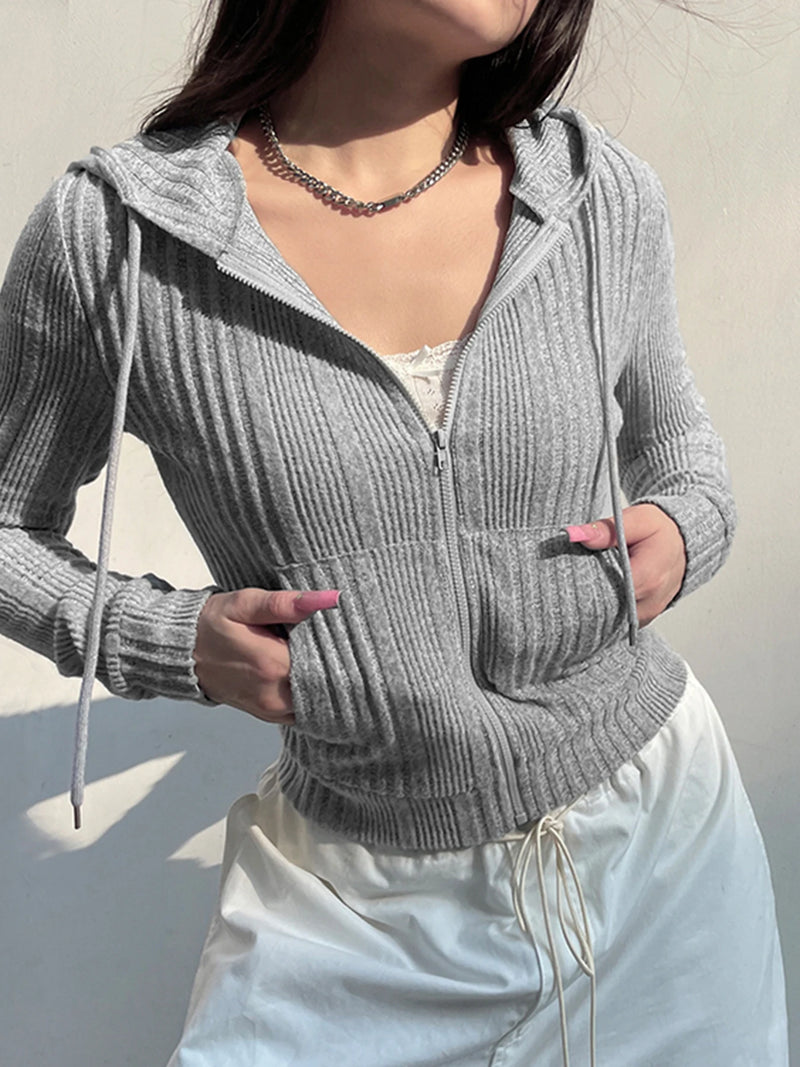 Gray Zip Up Knitted Hooded Jackets Pockets Details Simple Basic Minimalist Slim Long Sleeve Hoodies Knitwear