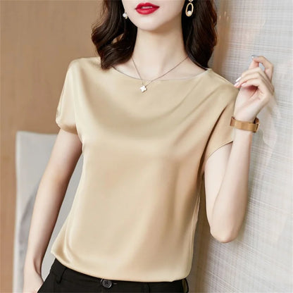 Office Lady Tops Summer Short Sleeve O-neck Blouses Satin Blouse Shirts Simple Loose Shirt Blusas Df4904