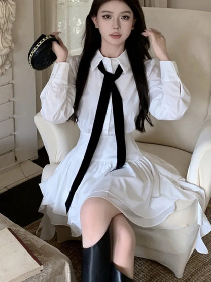 White Shirt Dresses Korean Preppy Style Long Sleeves Ruffle Party Mini Dress Slim Waist Vestidos Female Outfits