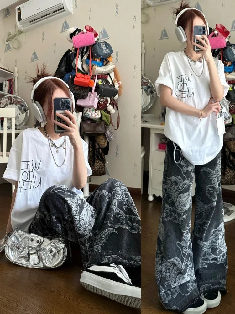 Chinese Style Jeans Y2k Baggy Dragon Print High Waist Zip Wide Leg Denim Pants Hip Hop Causal Kpop Bottoms