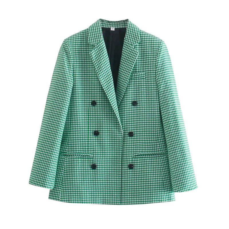 Autumn Plaid Blazer for Office Outfits New in Jacket Double Breasted Coat Oversized Blazer De Mujer