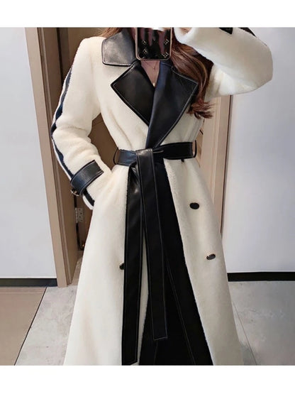 Autumn Winter Woolen Coat Patchwork Long Jackets With Belt Lapel Korean Female Outerwear New Soft Overcoat