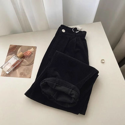 Retro High Waist Corduroy Pants Spring Fall Straight Causal Full Length Trousers Korean Baggy All Match Black Pant