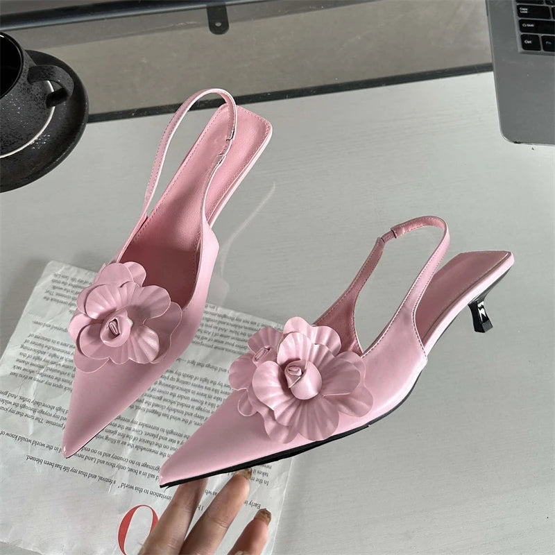 Flower Pointed Toe Thin Low Heels Pumps Wedding Slingback Shoes Mules Zapatos De Mujer