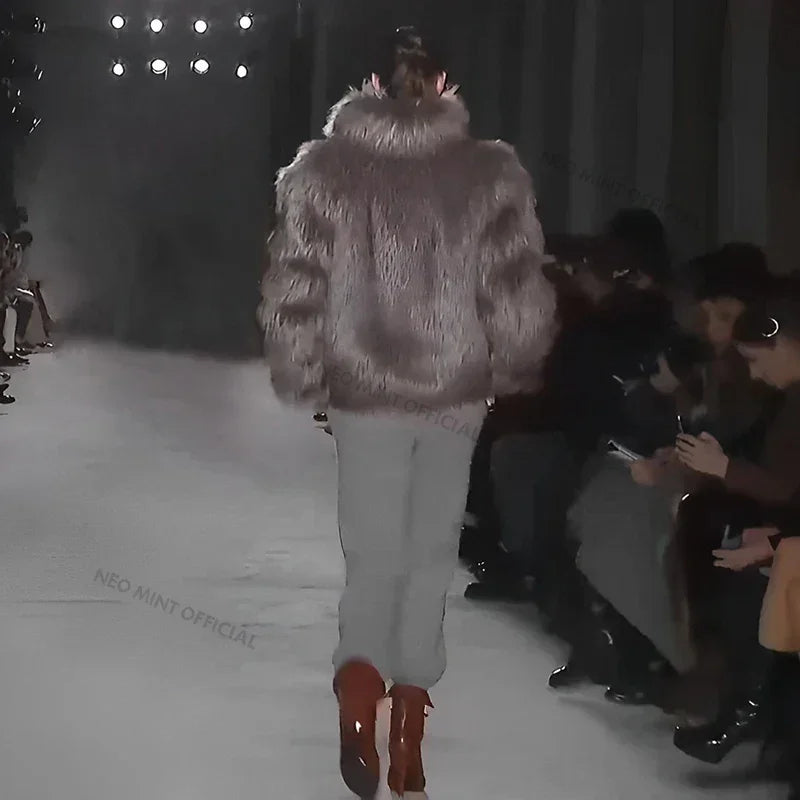 Brand Runway Fluffy Faux Fur Coat Luxurious Fox Fur Stand Collar Short Jacket Winter Overcoat