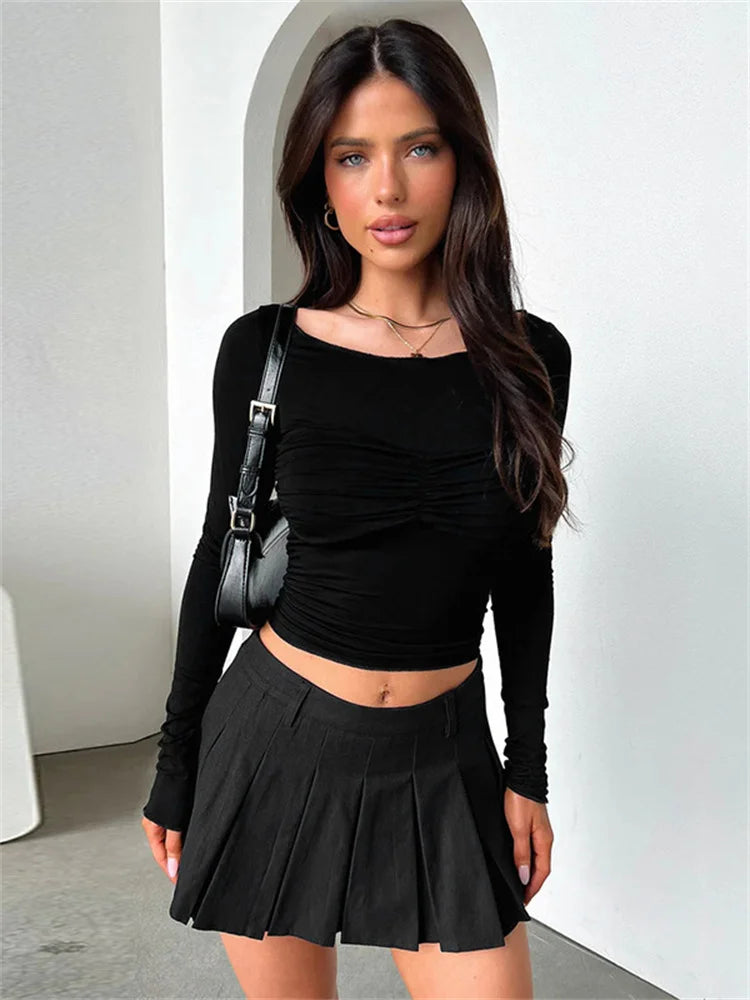 Pleated Long Sleeve T-shirt Top Female Slim Cropped Patchwork High Waist Pullover ’s Summer Tee