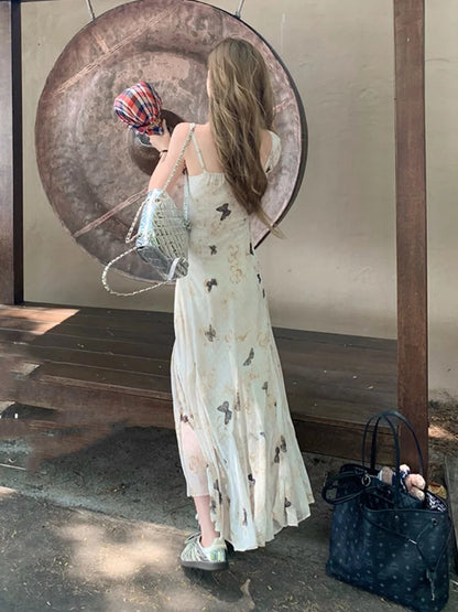 Y2k Spaghetti Strap Dress New Print Midi Dress Female Korean Slim Beach One Pieces Vestidos