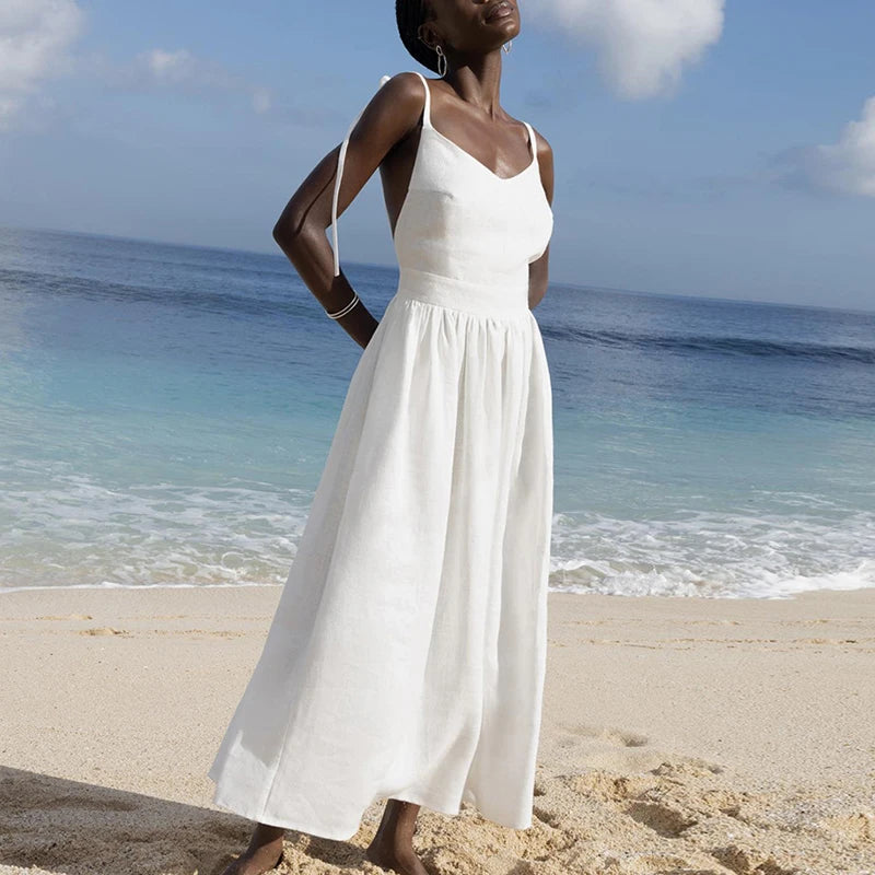 New Summer Spaghetti Strap Beach Dress Vneck Hollow Pleats Long Dress Backless Pocket Holiday Dresses