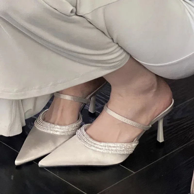 Pointed Toe Silk Thick Bottom High Heeled Slippers Tie Rhinestone Slingback Dress Tie Single Shoes
