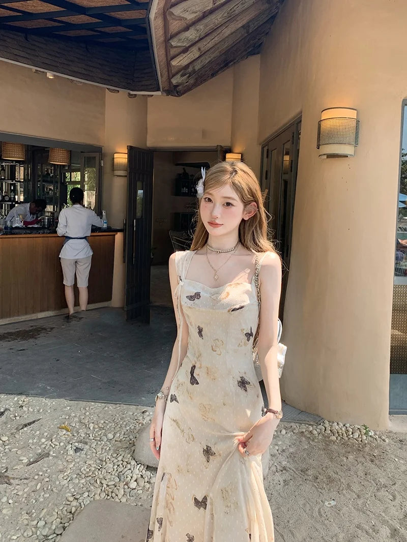 Y2k Spaghetti Strap Dress New Print Midi Dress Female Korean Slim Beach One Pieces Vestidos