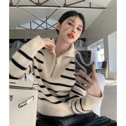 ’s Striped Sweater Zip Thick Fall Loose Turtleneck Knit Jumper Turn-down Collar Oversize Sweaters