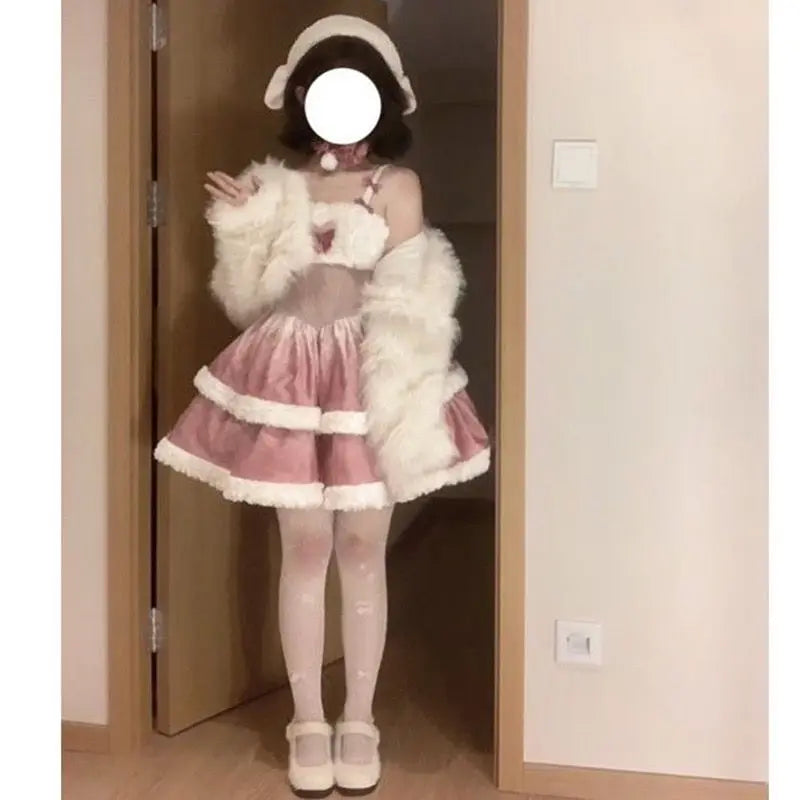 Plush Short Coat Waist Cinched Aline Puffy Lolita Dress Sweet Bow Gradient Mini Camisole Dress Set Two Piece Set Outfits