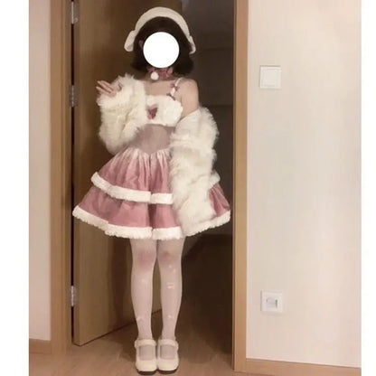 Plush Short Coat Waist Cinched Aline Puffy Lolita Dress Sweet Bow Gradient Mini Camisole Dress Set Two Piece Set Outfits