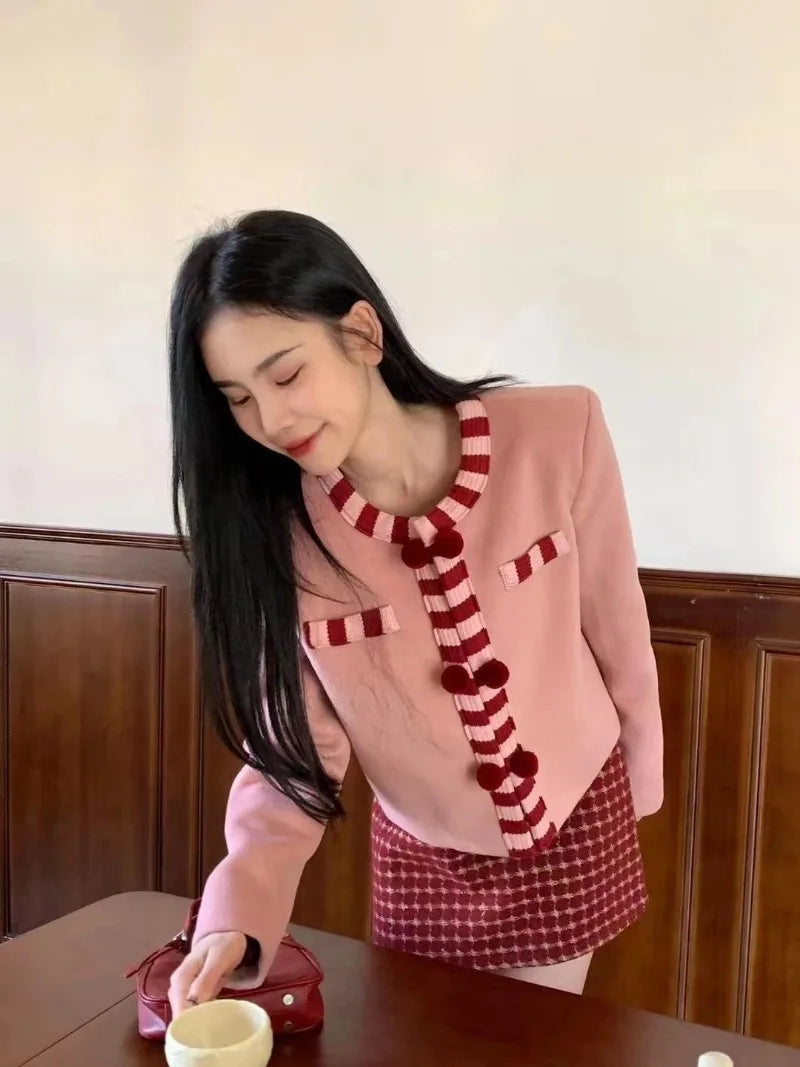 Sweet Hot Girl Suit Winter Woolen Longsleeved Cardigan Plaid Wrap Hip Skirt Twopiece Set Female Clothes