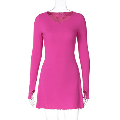 Ribbed Long Sleeve Mini Dress for Autumn Winter New O Neck Bandage Lace-up Dress Vestidos