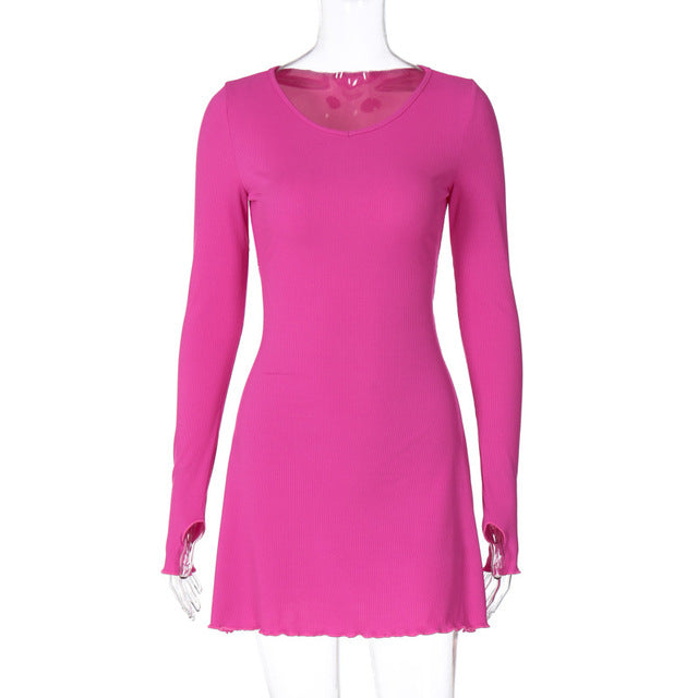 Ribbed Long Sleeve Mini Dress for Autumn Winter New O Neck Bandage Lace-up Dress Vestidos
