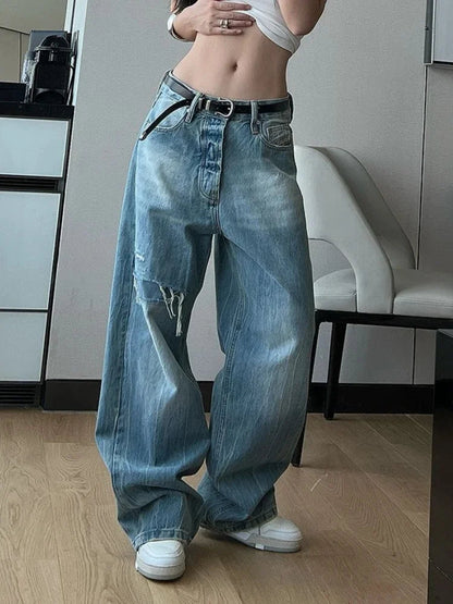 Ripped Jeans for Hip Hop Loose High Waist Korean Wide Leg Denim Pants Y2k Causal Mujer Trousers