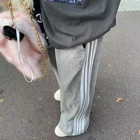 Striped Wide Leg Pants Lace Patchwork Sweatpants Korean Harajuku Female Trousers New