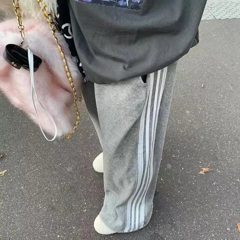Striped Wide Leg Pants Lace Patchwork Sweatpants Korean Harajuku Female Trousers New