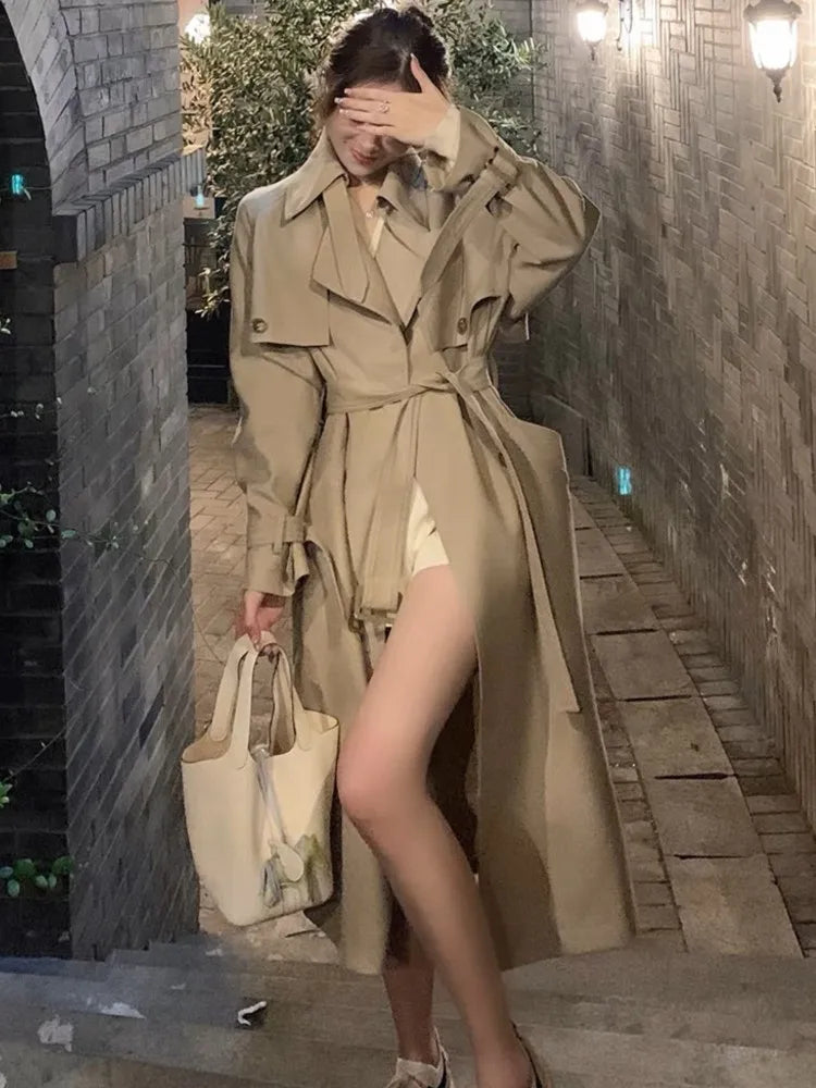 Autumn Winter Khaki Long Trench Coat for Jacket Outerwear Turn-down Collar Tie Belt Korean Windbreaker