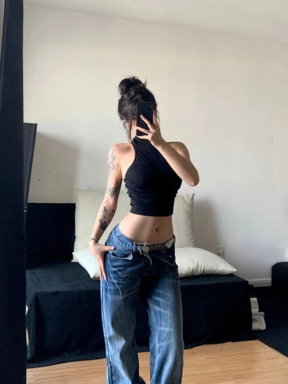 Korean Classical Jeans Straight Leg Simple Jeans Grunge Harajuku Blue Denim Pants Y2k Tide Aesthetic