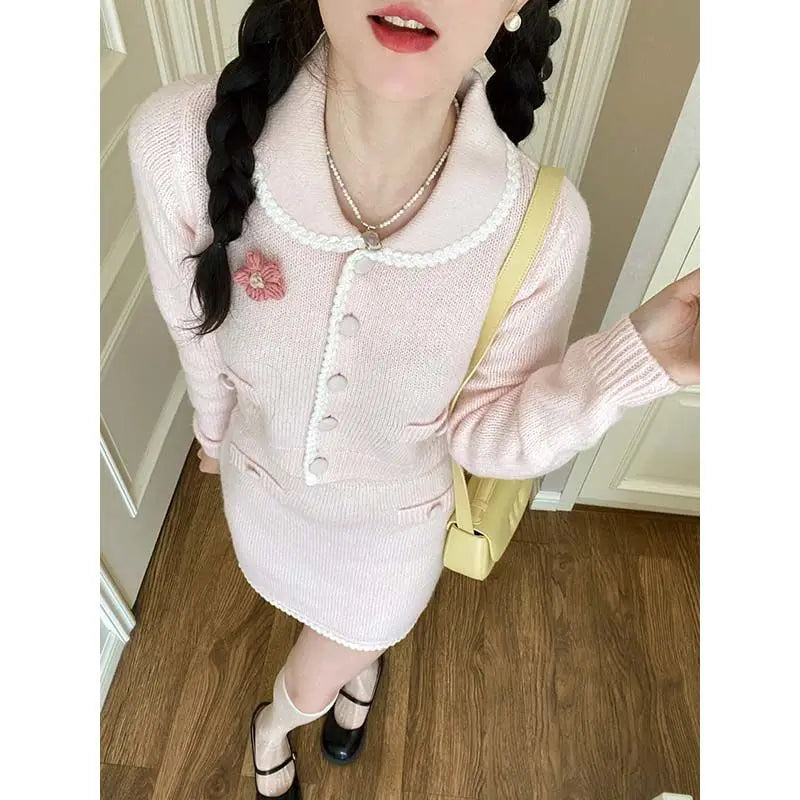 Sweet Hot Girl Suit Autumn Turndown Collar Knitted Cardigan High Waist Wrap Hip Skirt Twopiece Set Female Clothes