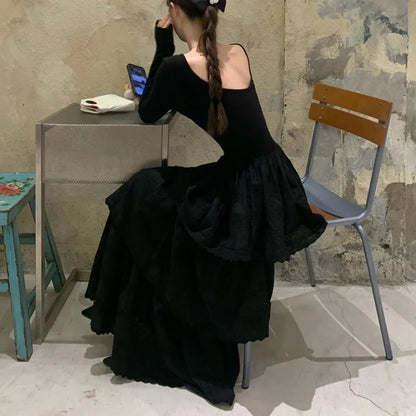 Autumn New Cake Midi Dresses for Long Sleeve U-neck Backless A-line Korean One Piece Vestidos Mujer