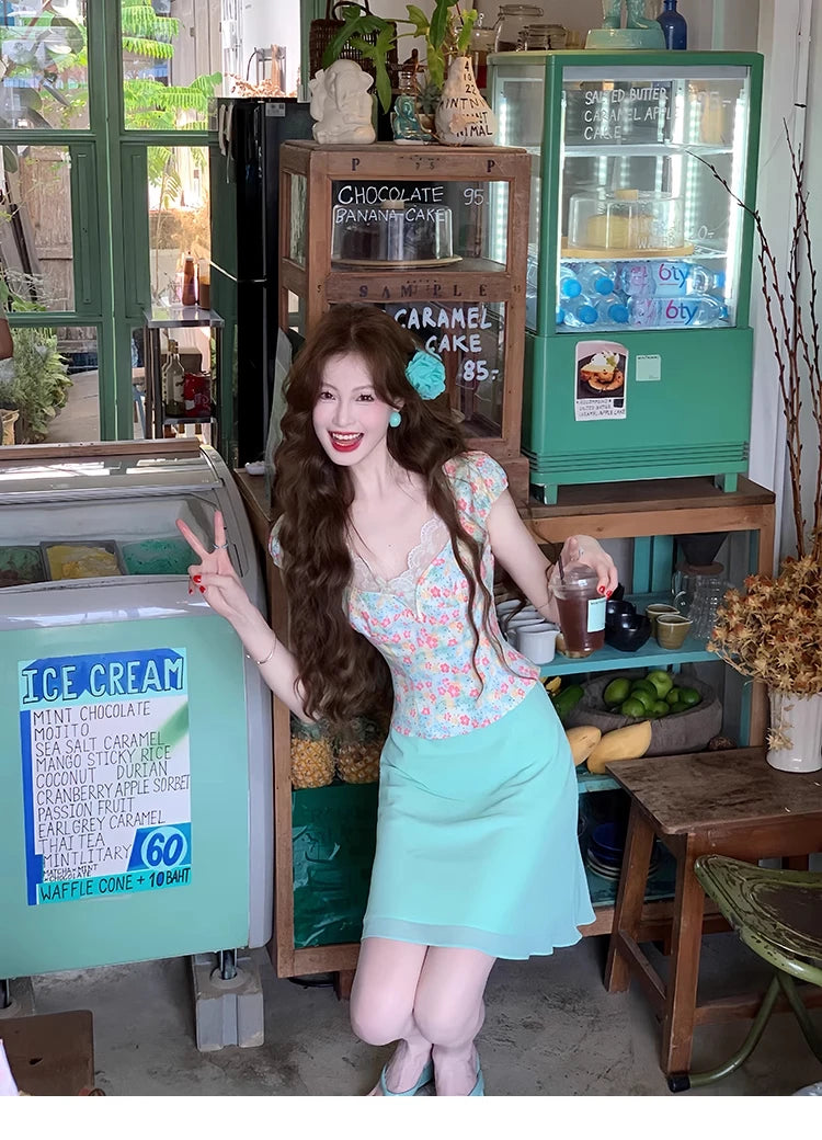 Suit Summer Lace Shortsleeved Tshirt High Waist Kneelength Skirt Twopiece Set Female Clothes