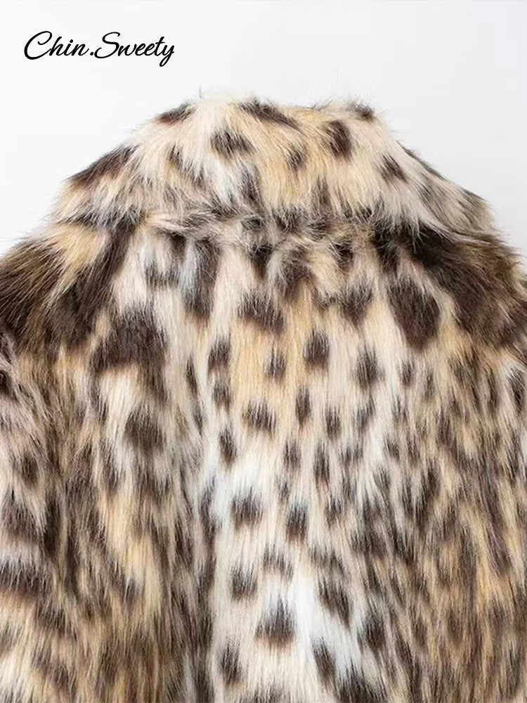 Leopard Print Faux Fur Short Coat Puff Plush Lapel Loose Button Jacket Female Winter Thick Warm Outerwear