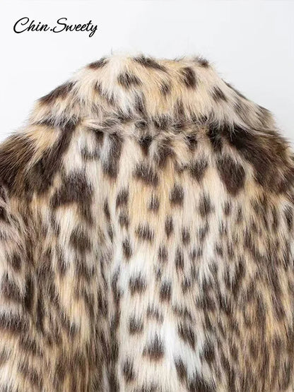 Leopard Print Faux Fur Short Coat Puff Plush Lapel Loose Button Jacket Female Winter Thick Warm Outerwear