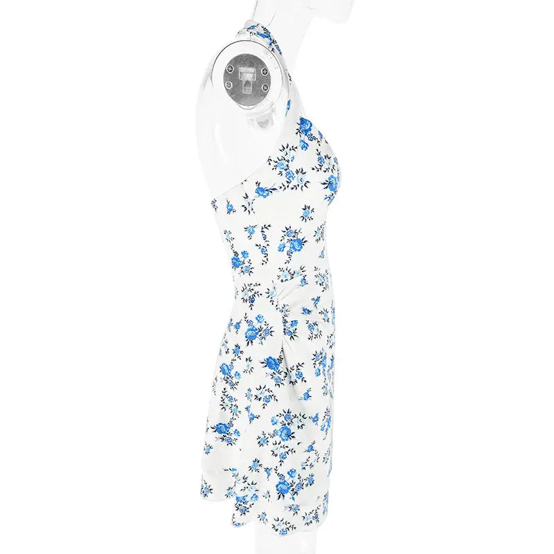 Halter Mini Dresses Spring Summer New Slim Blue Print Dress Backless Dress
