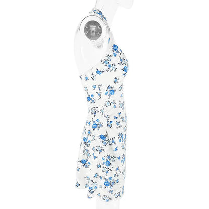 Halter Mini Dresses Spring Summer New Slim Blue Print Dress Backless Dress