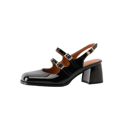 44 45 46 Black Silver Chunky High Heels Mary Jane Shoes Square Toe Double Buckle Pumps Slingback Sandals