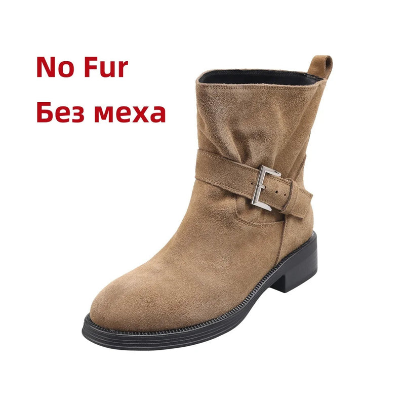 Ankle Boots Cow Suede Round Toe Motorcycle Boots Thick Low Heels Warm Autumn Winter Shoes Buckles Boots