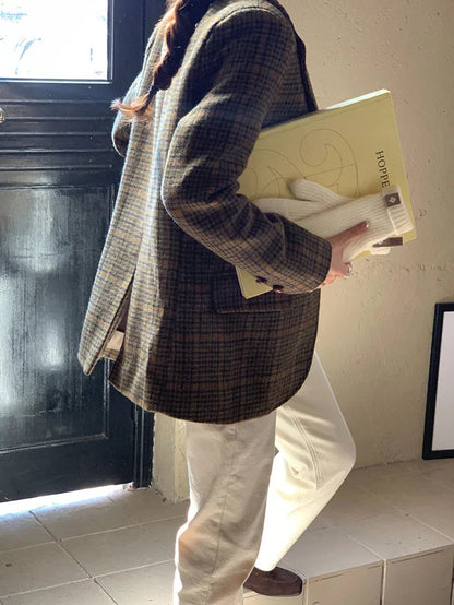Wool Blends Coats Plaid Woolen Jacket Commute Blazer Korean Long Sleeve Outerwears Winter Overcoat