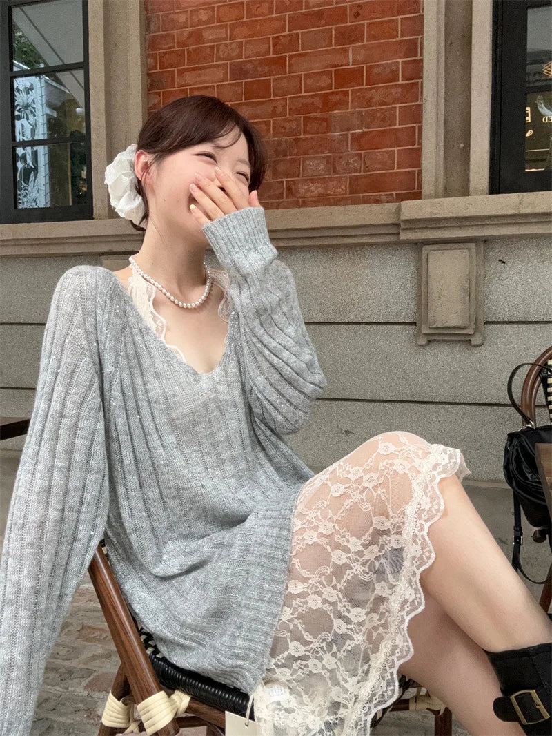 Sweet Hot Girl Pure Suit Autumn Vneck Mohair Sweater Halter Neck Lace Dress Twopiece Set Female Clothes