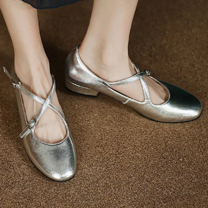 Genuine Leather Double Metal Belt Cross Strap Slipon Flats Daily Single Shoes Soft Comfortable Female Daily Shoe